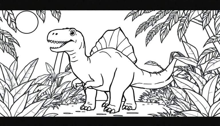 A friendly black and white cartoon Spinosaurus with a sail, in a jungle color panel, ready for kids to color.