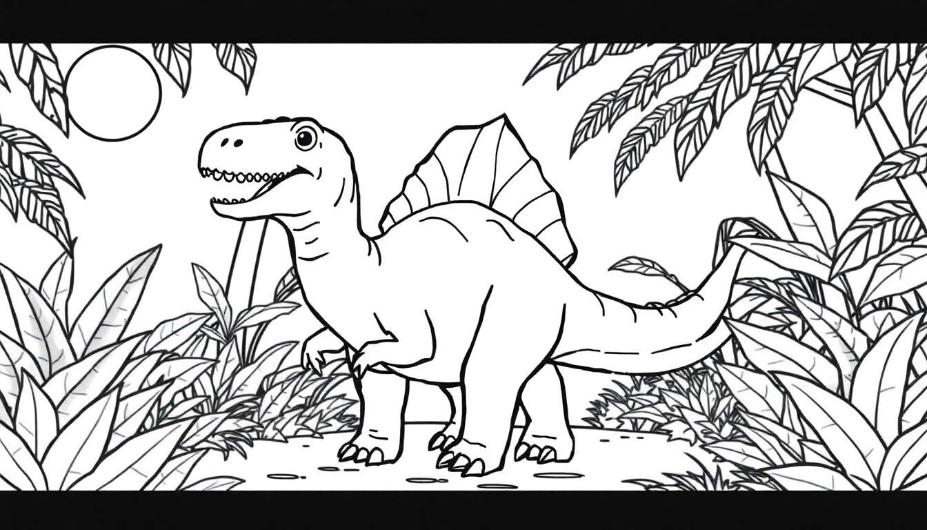 A friendly black and white cartoon Spinosaurus with a sail, in a jungle color panel, ready for kids to color.