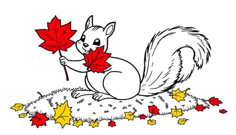 A friendly squirrel in a black and white color panel, holding autumn leaves.