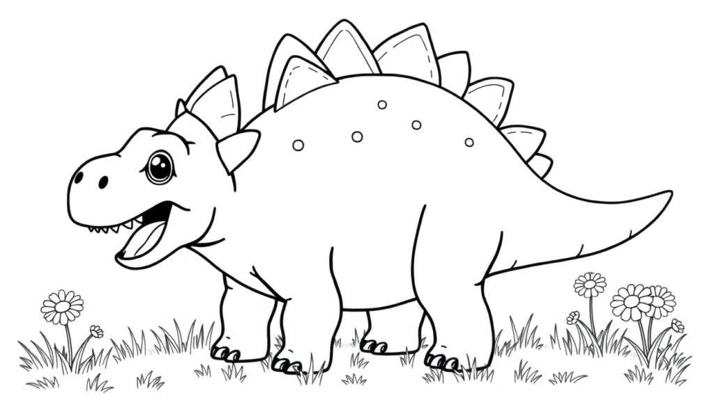 A friendly black and white Stegosaurus with big plates and a happy smile, ready for the color panel!