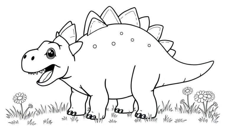 A friendly black and white Stegosaurus with big plates and a happy smile, ready for the color panel!