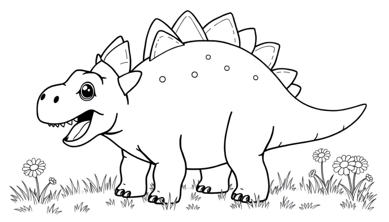 A friendly black and white Stegosaurus with big plates and a happy smile, ready for the color panel!