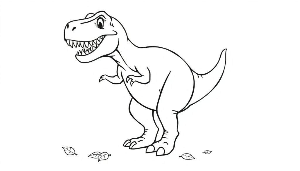 A friendly T-Rex coloring page, showing a smiling Tyrannosaurus Rex standing with small arms, a long tail, and leaves at its feet, perfect for a color panel.