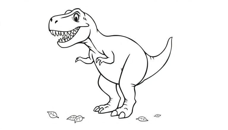 A friendly T-Rex coloring page, showing a smiling Tyrannosaurus Rex standing with small arms, a long tail, and leaves at its feet, perfect for a color panel.