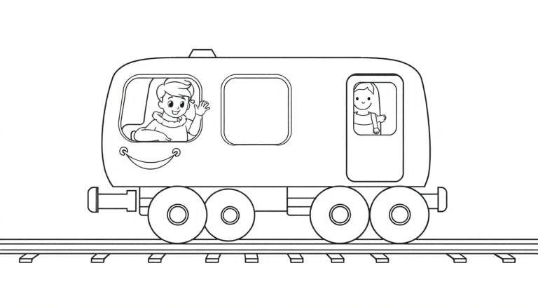 A black and white color panel of a happy cartoon train waving hello.