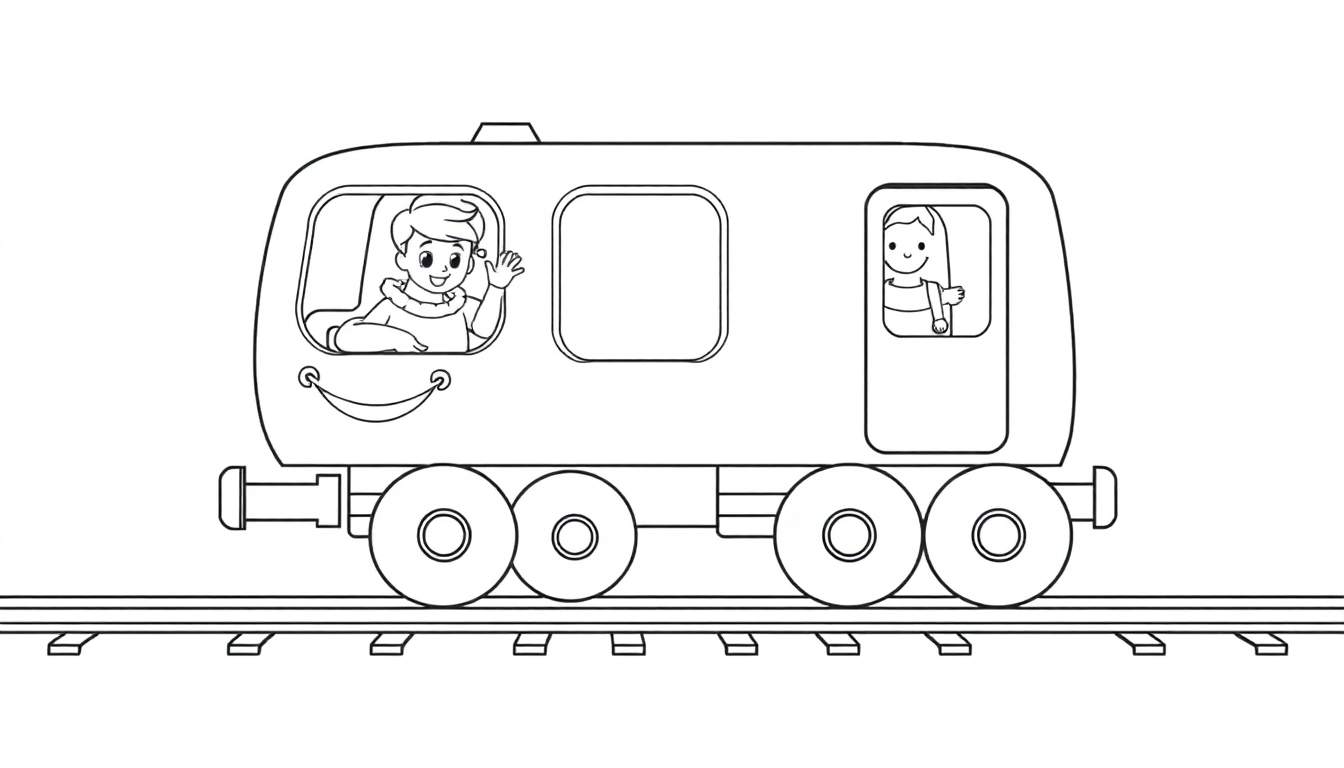 A black and white color panel of a happy cartoon train waving hello.