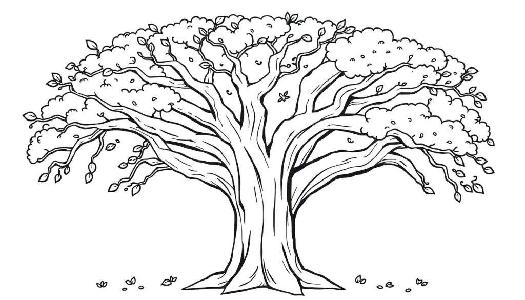 A friendly black and white tree coloring panel with a thick trunk and many leafy branches.