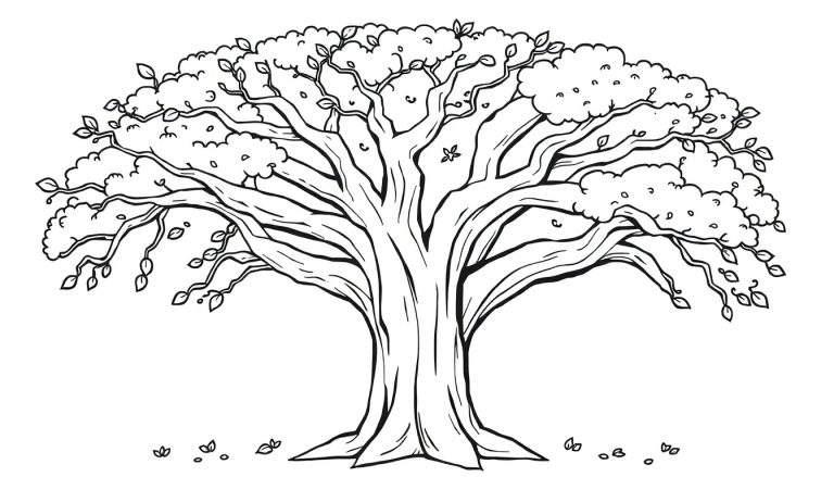 A friendly black and white tree coloring panel with a thick trunk and many leafy branches.
