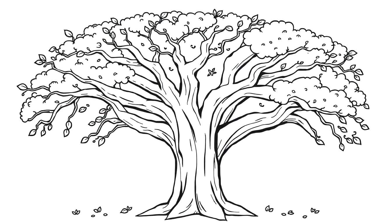 A friendly black and white tree coloring panel with a thick trunk and many leafy branches.