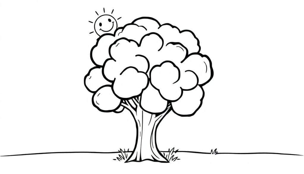 A smiling sun over a friendly tree in a color panel.