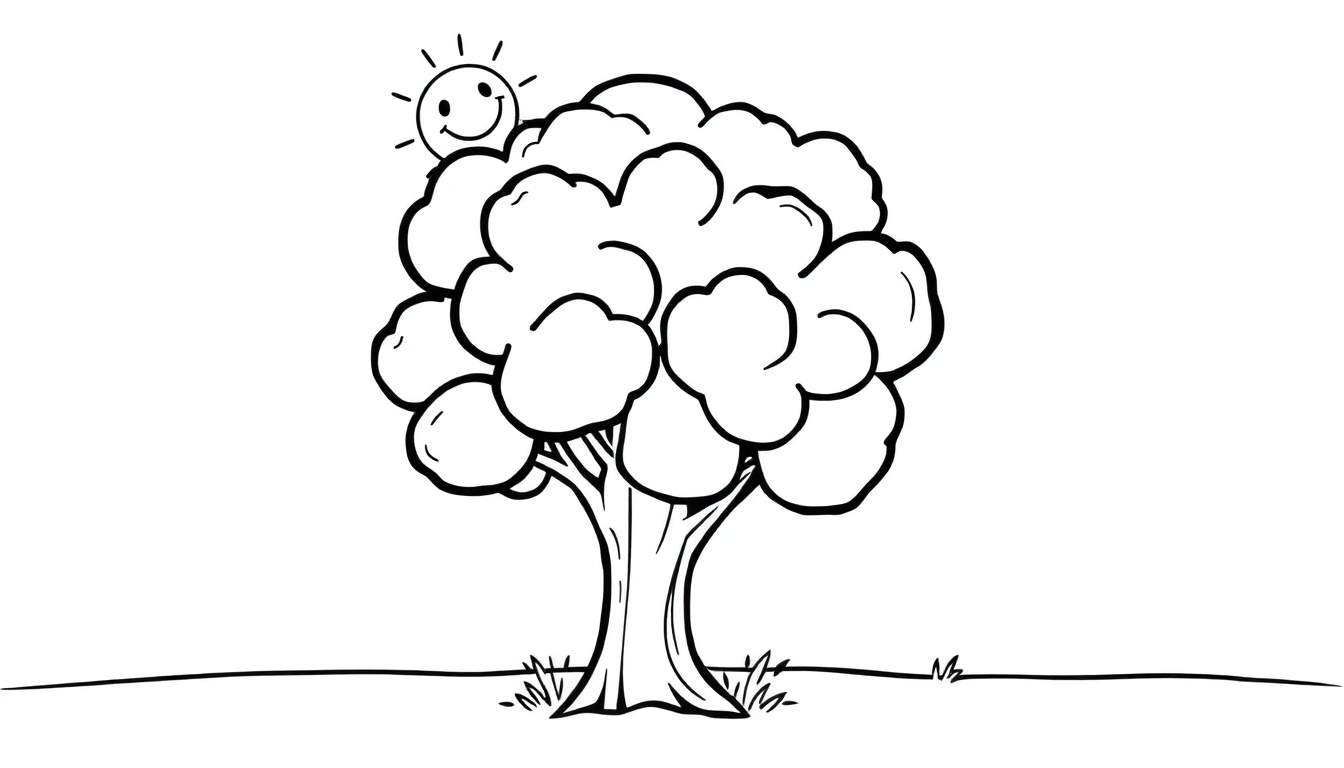 A smiling sun over a friendly tree in a color panel.
