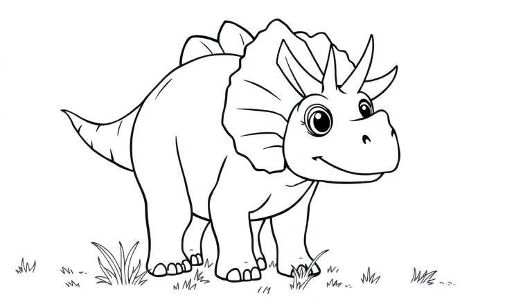 A friendly triceratops coloring page, a black and white line drawing with a color panel suggestion.