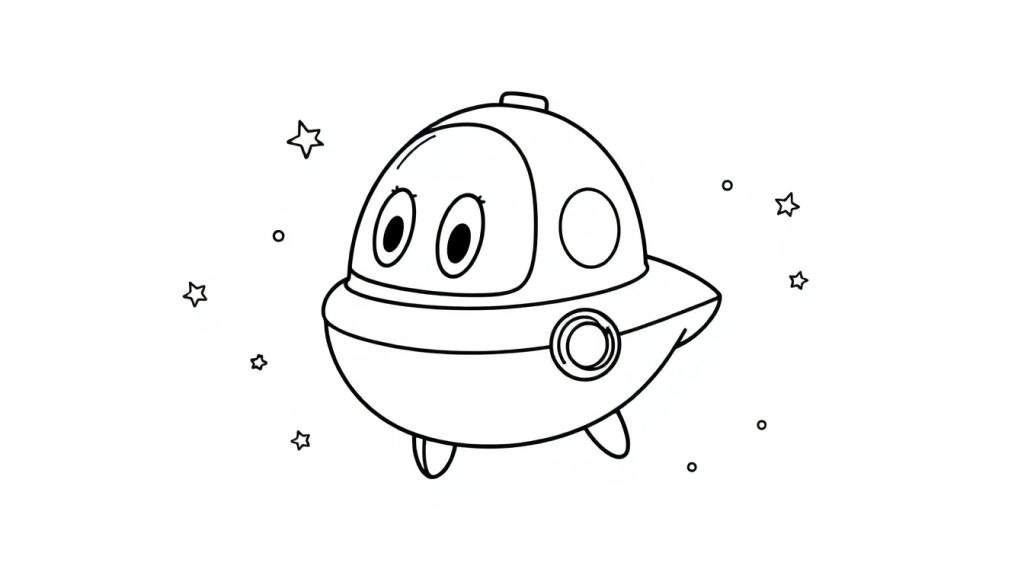 A friendly UFO with big eyes and a circular window in a black and white color panel, ready for coloring.