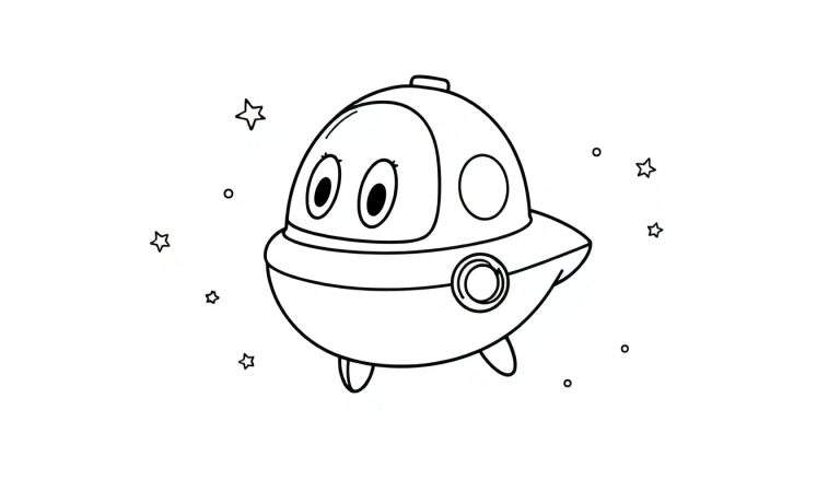 A friendly UFO with big eyes and a circular window in a black and white color panel, ready for coloring.