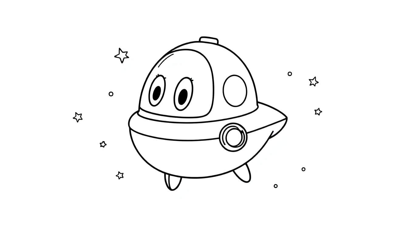 A friendly UFO with big eyes and a circular window in a black and white color panel, ready for coloring.