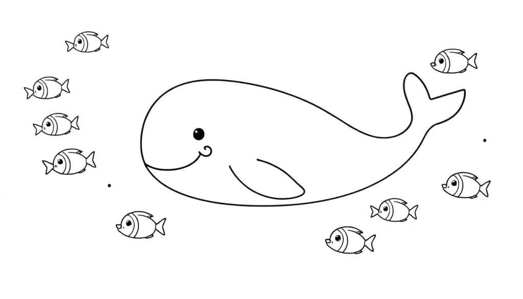 A friendly whale and happy fish swimming together in the ocean, black and white coloring page for kids. This is a fun color panel.