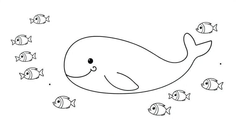A friendly whale and happy fish swimming together in the ocean, black and white coloring page for kids. This is a fun color panel.
