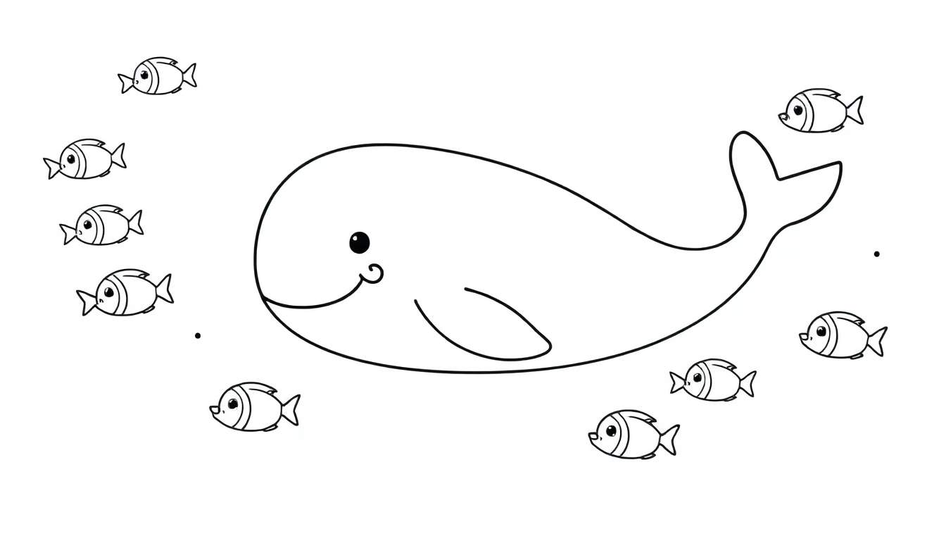 A friendly whale and happy fish swimming together in the ocean, black and white coloring page for kids. This is a fun color panel.
