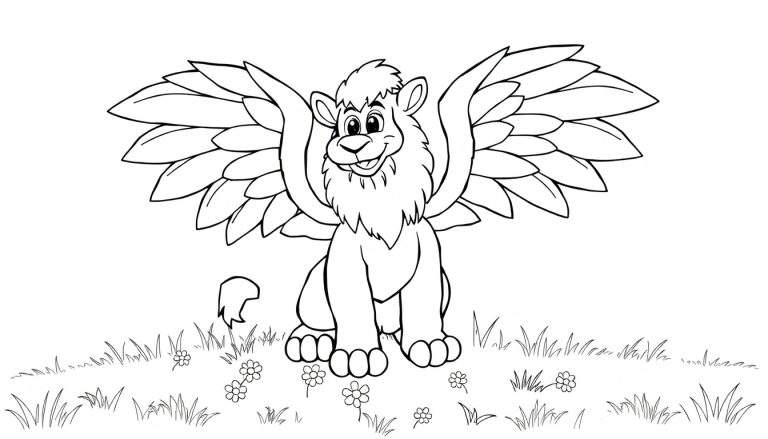 A black and white illustration of a friendly winged lion, perfect for a color panel.