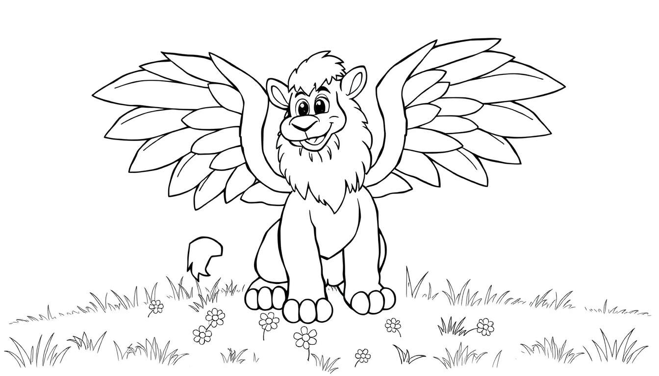 A black and white illustration of a friendly winged lion, perfect for a color panel.