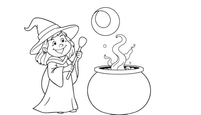 A friendly witch stirring a cauldron under a crescent moon, presented as a black and white color panel for children.