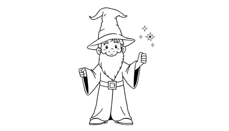 A friendly cartoon wizard with a pointy hat, beard, and robe gives a thumbs-up in this black and white color panel.