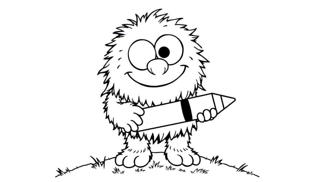 A cute, furry monster holding a large pencil, ready for a color panel adventure. Black and white line art.