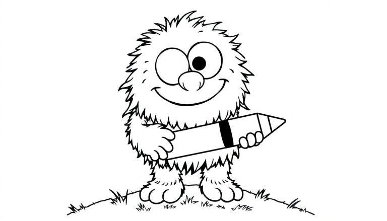 A cute, furry monster holding a large pencil, ready for a color panel adventure. Black and white line art.