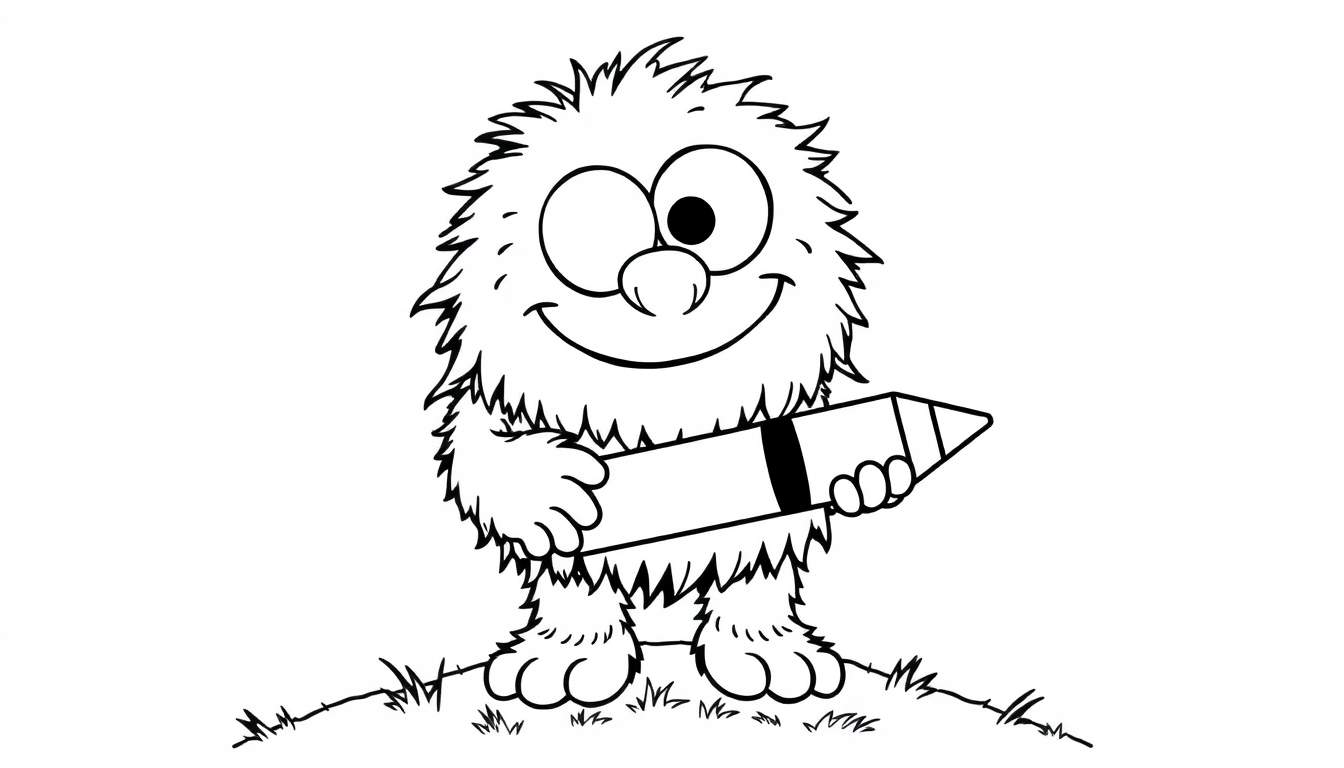 A cute, furry monster holding a large pencil, ready for a color panel adventure. Black and white line art.