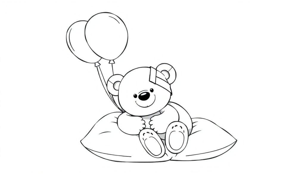 A Get Well Soon coloring page with a cute teddy bear holding balloons, a bandage on its arm, and sitting in a chair.