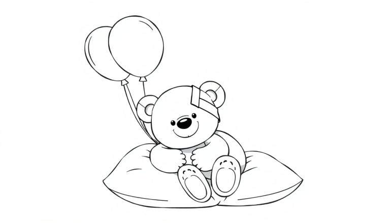 A Get Well Soon coloring page with a cute teddy bear holding balloons, a bandage on its arm, and sitting in a chair.