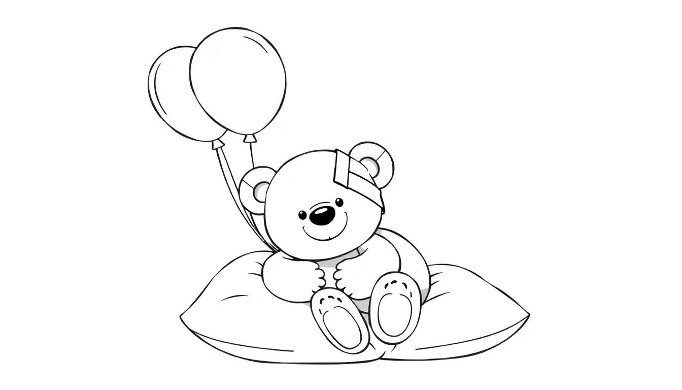 A Get Well Soon coloring page with a cute teddy bear holding balloons, a bandage on its arm, and sitting in a chair.