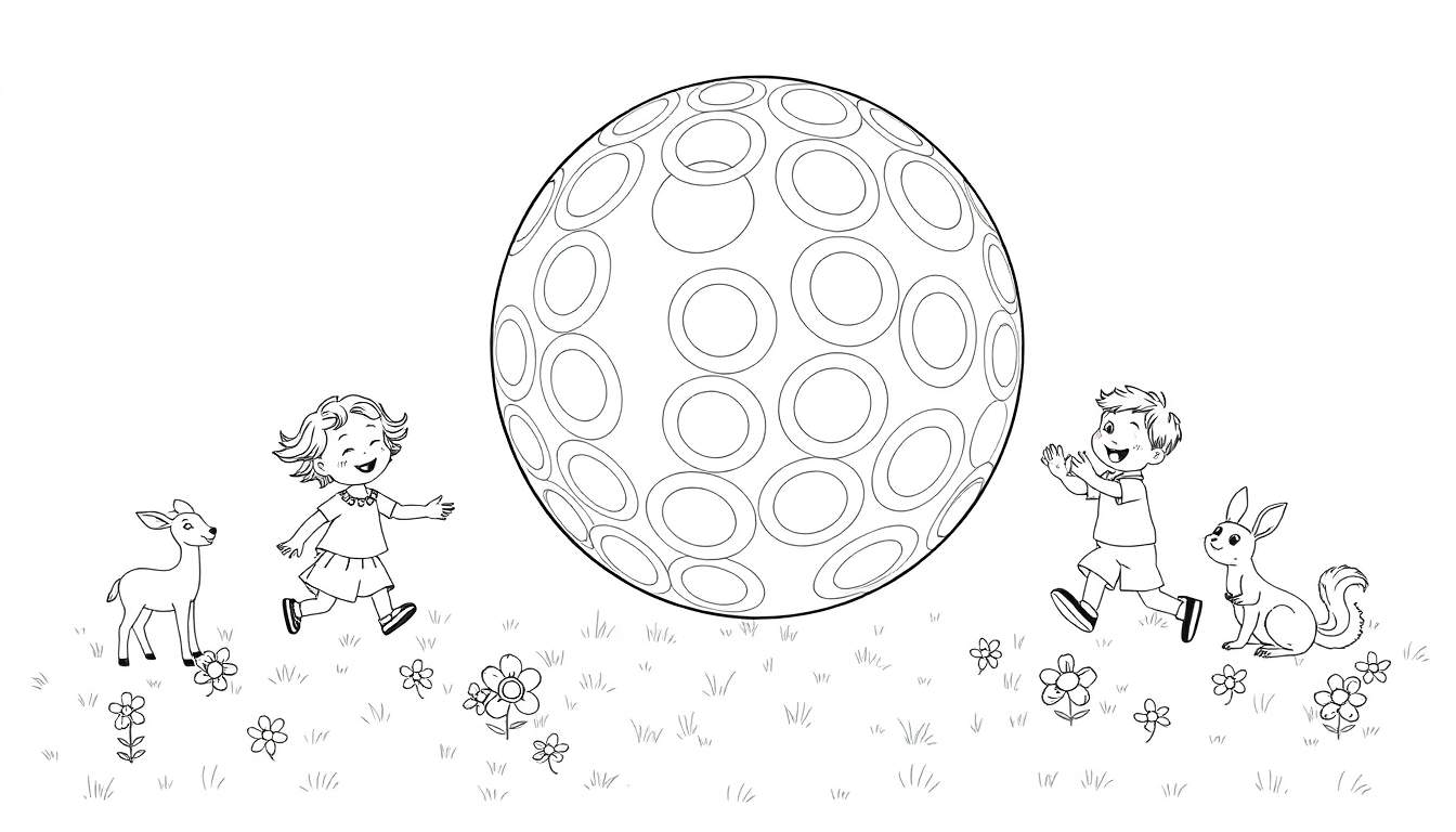 A cheerful black and white color panel showing kids playing with a giant bouncy ball and friendly animals.