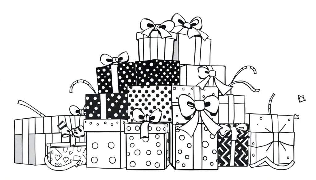 A stack of black and white illustrated presents ready for coloring, a fun color panel for kids.