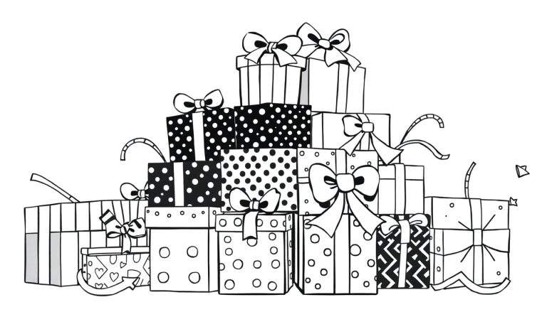A stack of black and white illustrated presents ready for coloring, a fun color panel for kids.