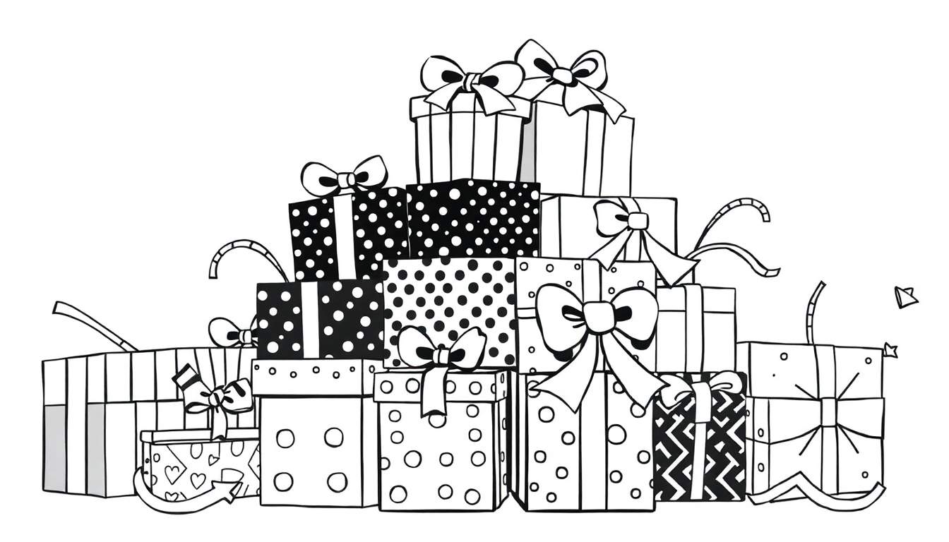 A stack of black and white illustrated presents ready for coloring, a fun color panel for kids.