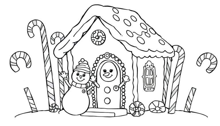 A black and white illustration of a gingerbread house, a snowman, and candy canes, perfect for a coloring panel.