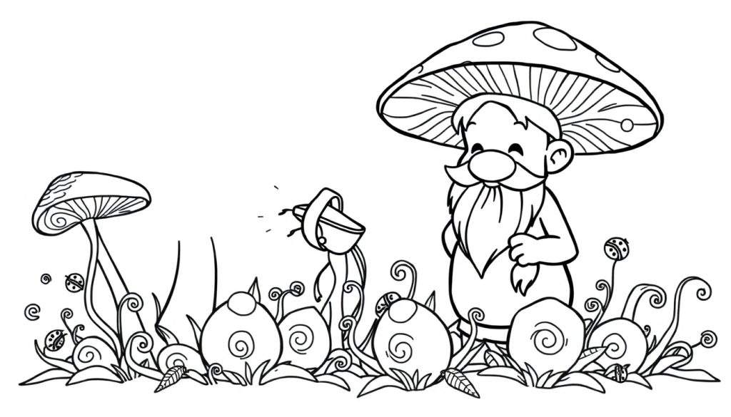 A black and white color panel illustration of a gnome in a mushroom garden.