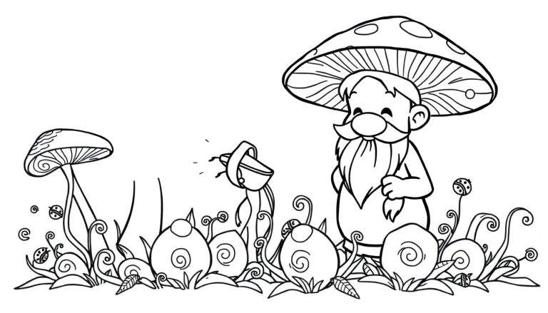 A black and white color panel illustration of a gnome in a mushroom garden.