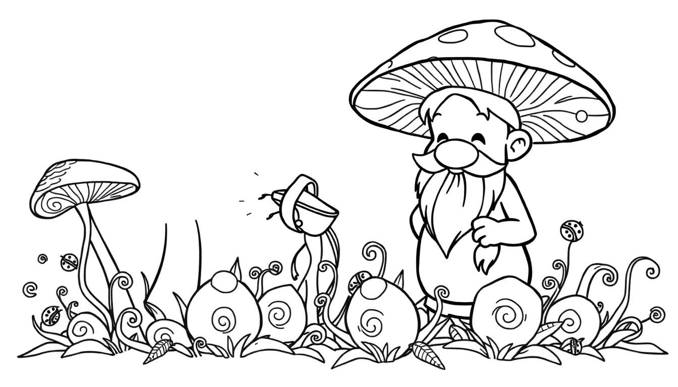 A black and white color panel illustration of a gnome in a mushroom garden.