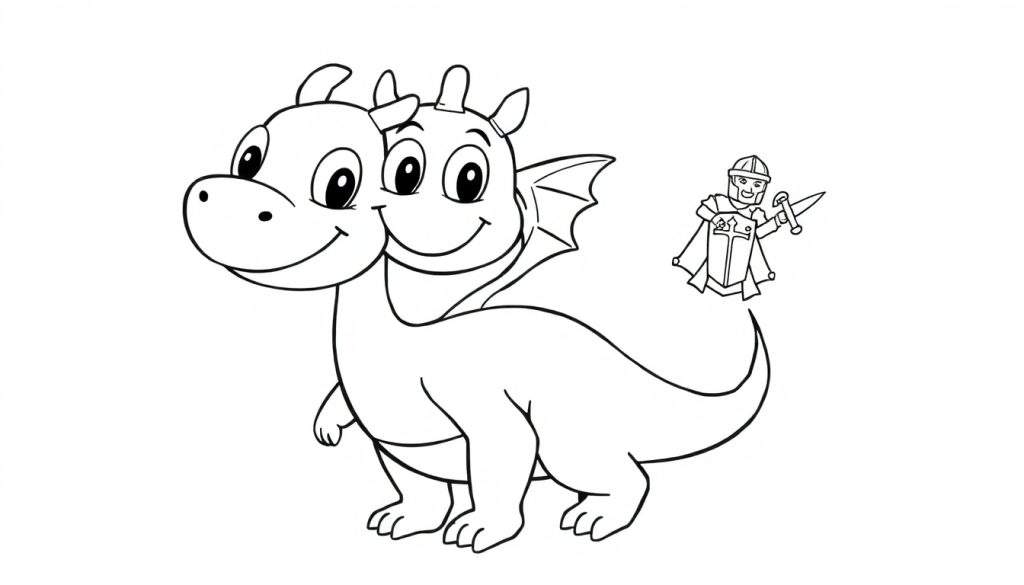 A friendly, goofy two-headed dragon coloring page with a tiny knight on its tail.