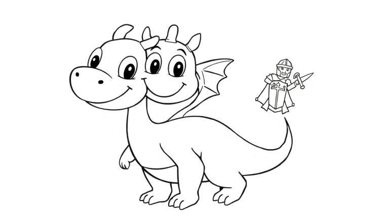 A friendly, goofy two-headed dragon coloring page with a tiny knight on its tail.
