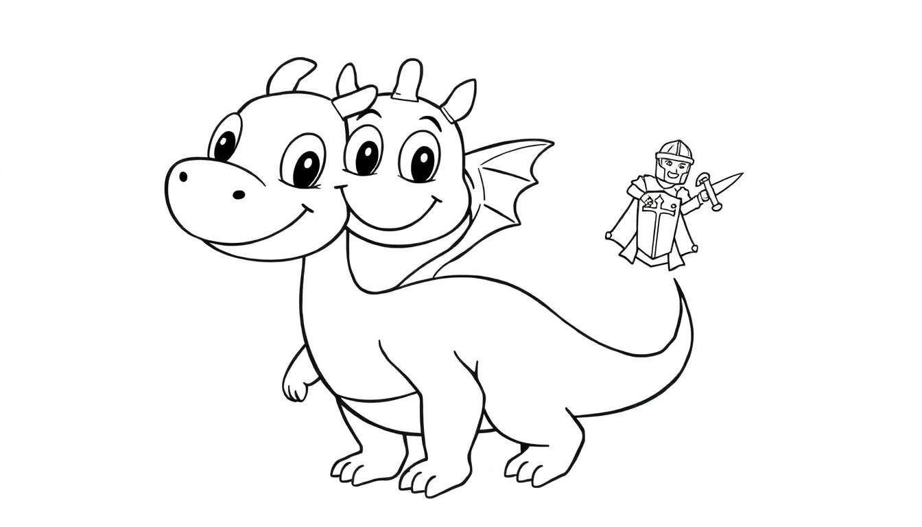A friendly, goofy two-headed dragon coloring page with a tiny knight on its tail.