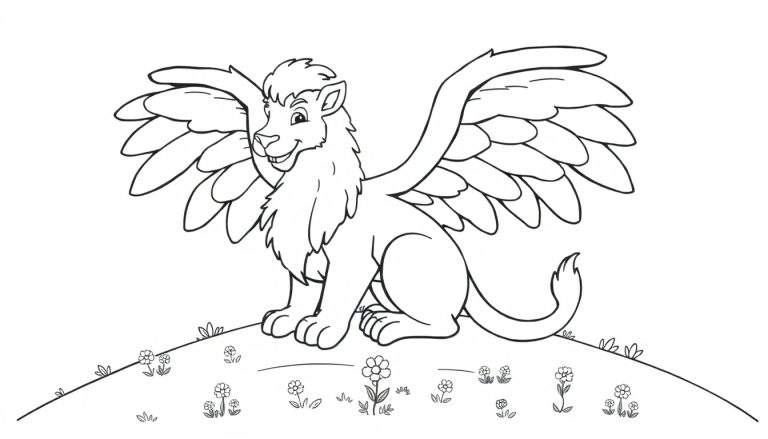 A black-and-white line drawing of a griffin, ready for coloring, on a grassy hill, part of our color panel.