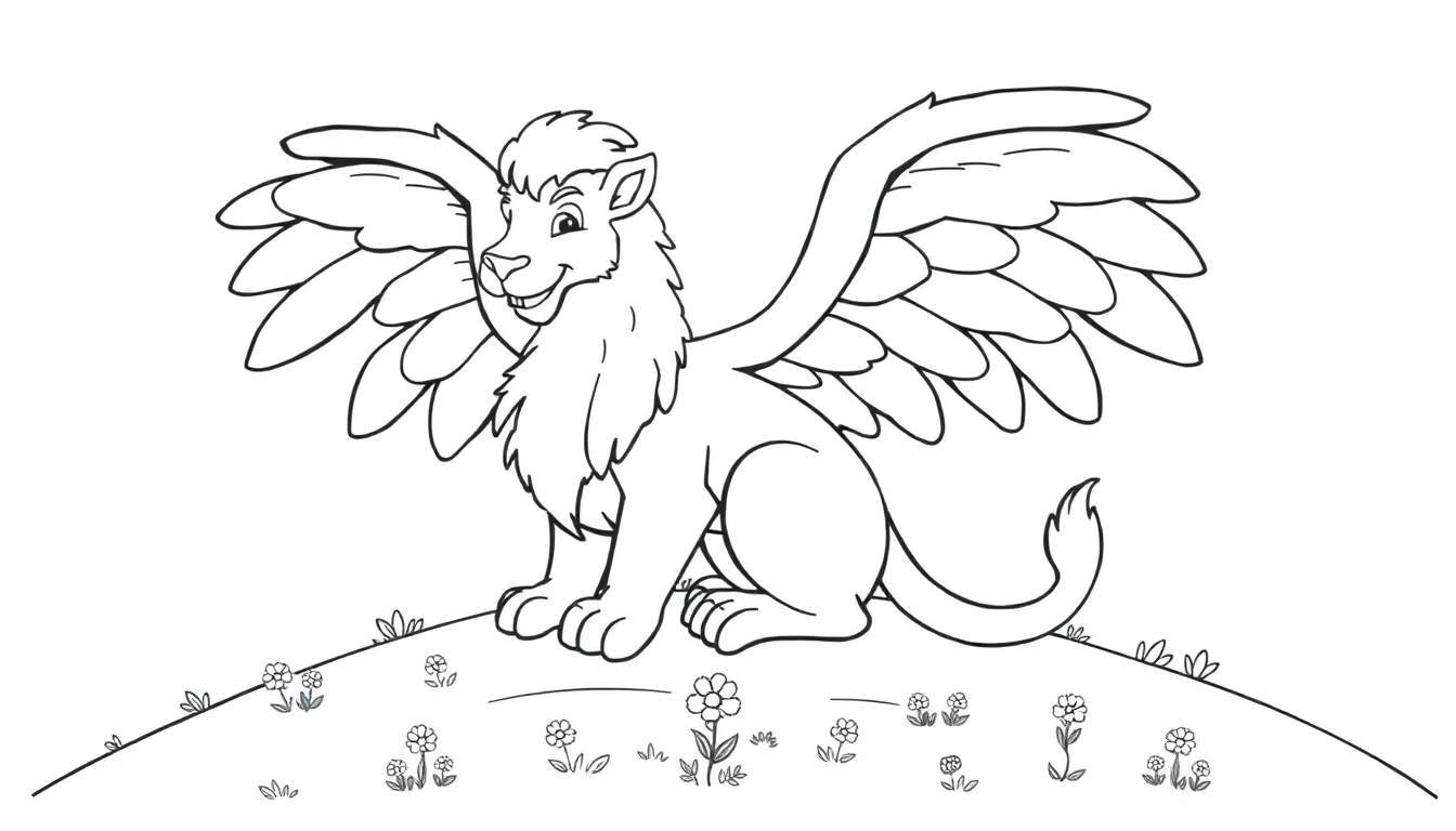 A black-and-white line drawing of a griffin, ready for coloring, on a grassy hill, part of our color panel.