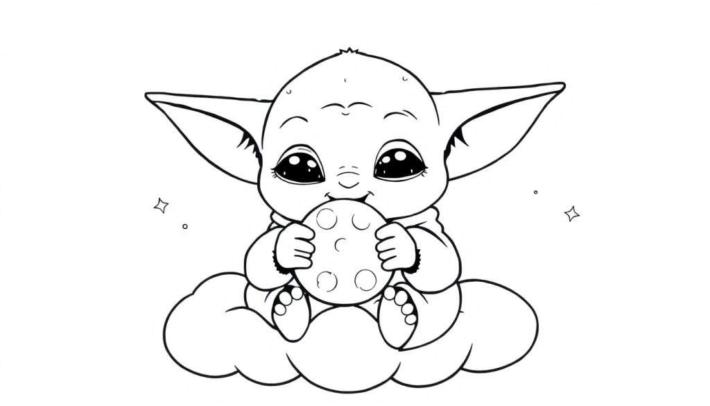 Baby Yoda (Grogu) enjoying a space cookie on a cloud, in a black and white coloring panel.