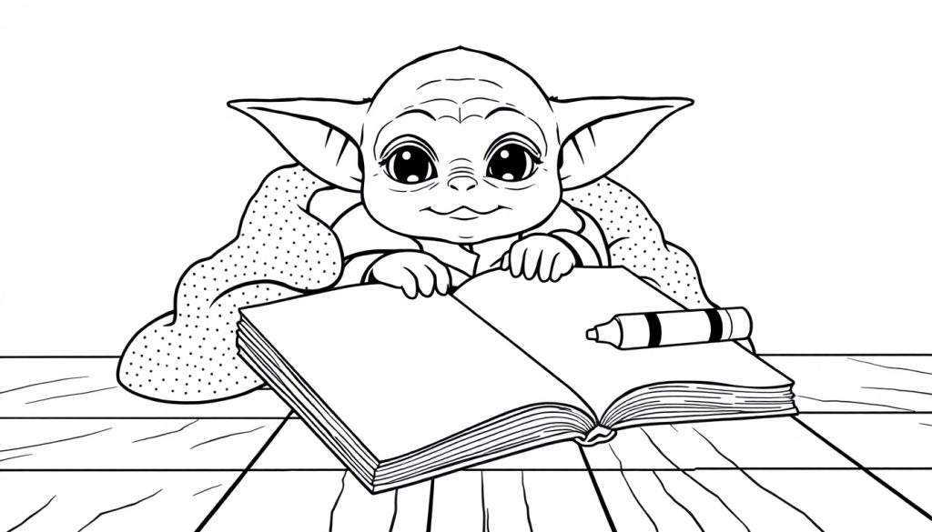 Grogu reading a book and holding a crayon, a black and white color panel drawing.