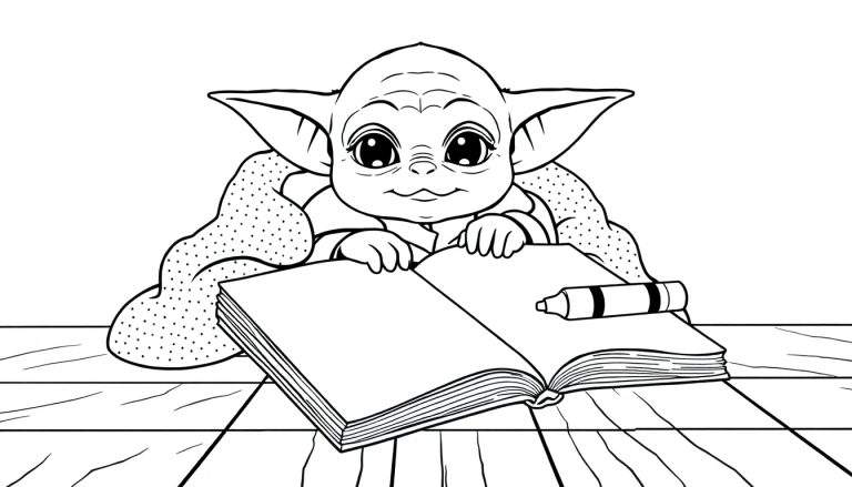 Grogu reading a book and holding a crayon, a black and white color panel drawing.