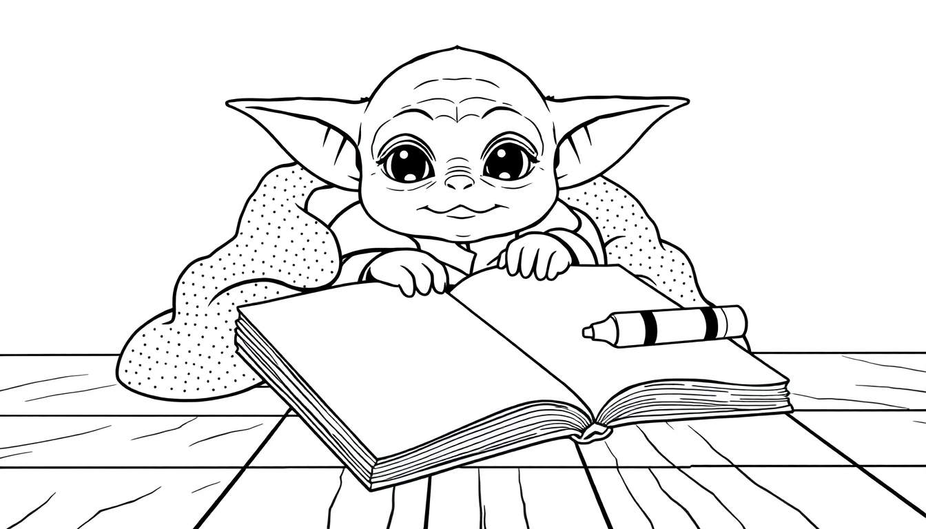 Grogu reading a book and holding a crayon, a black and white color panel drawing.