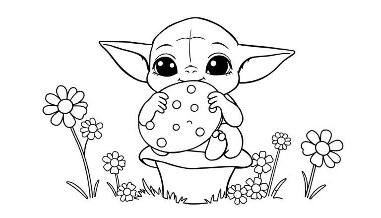A cute Grogu character in a black and white color panel, holding a cookie with chocolate chips and sitting in a flower pot.